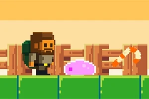 픽셀 스타일로 그려진 캐릭터가 녹색 플랫폼 위에 서 있으며, 옆에는 분홍색 슬라임과 주황색 뱀꼬리가 있습니다