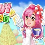 핑크색 머리의 소녀가 케이크를 들고 있는 모습과 알록달록한 배경이 그려져 있습니다