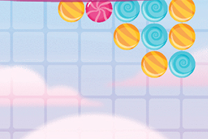 하늘색 격자무늬 배경에 파란색과 주황색 소용돌이 사탕들이 매달려 있는 모습