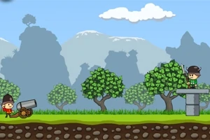 두 캐릭터가 대포와 나무, 구름이 있는 배경에서 대치하고 있는 만화 스타일의 이미지