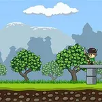 두 캐릭터가 대포와 나무, 구름이 있는 배경에서 대치하고 있는 만화 스타일의 이미지