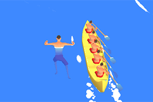 노란색 보트에서 사람들이 노를 저으며 경주하는 장면