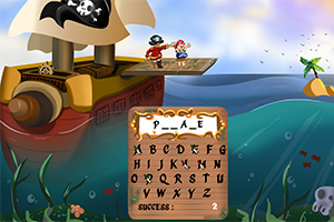 해적 깃발이 달린 배와 두 명의 캐릭터, 물 위에 떠 있는 나무 보드에 서 있는 모습, 물속에는 해초와 해양 생물이 있으며, 화면 중앙에는 알파벳과 단어 퍼즐이 있는 판이 배치되어 있습니다