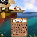 해적 깃발이 달린 배와 두 명의 캐릭터, 물 위에 떠 있는 나무 보드에 서 있는 모습, 물속에는 해초와 해양 생물이 있으며, 화면 중앙에는 알파벳과 단어 퍼즐이 있는 판이 배치되어 있습니다