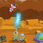 착륙하는 우주선과 외계 행성의 배경이 있는 만화 스타일의 장면