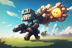 헬멧을 쓴 캐릭터가 초원에서 총을 들고 걷고 있으며, 뒤에는 폭발이 일어나고 있다