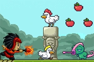 빨간 머리 캐릭터가 폭탄을 던지고 있으며, 닭 두 마리와 녹색 카멜레온이 풀밭에 있는 장면