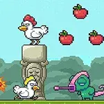 빨간 머리 캐릭터가 폭탄을 던지고 있으며, 닭 두 마리와 녹색 카멜레온이 풀밭에 있는 장면