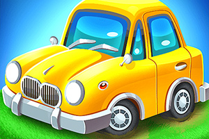 노란색 만화 스타일의 자동차가 푸른 배경 위에 그려져 있습니다