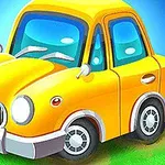 노란색 만화 스타일의 자동차가 푸른 배경 위에 그려져 있습니다