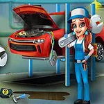 정비소에서 공구를 들고 있는 정비사와 수리 중인 빨간 자동차