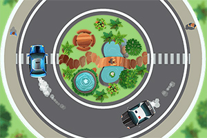 원형 교차로 주변에 정원과 호수가 있는 가운데 파란색과 검은색 차량이 회전하는 모습