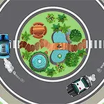 원형 교차로 주변에 정원과 호수가 있는 가운데 파란색과 검은색 차량이 회전하는 모습