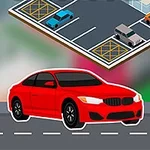 도로 위 빨간 자동차와 주차장 풍경