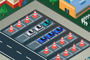 주차장에 여러 대의 자동차와 주위에 배치된 원뿔 모양의 콘들이 있는 장면