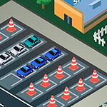 주차장에 여러 대의 자동차와 주위에 배치된 원뿔 모양의 콘들이 있는 장면