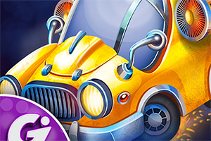 노란색과 은색의 미래지향적인 자동차가 대각선으로 배치되어 있으며, 자동차 전면에 두 개의 원형 헤드라이트가 있다