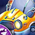 노란색과 은색의 미래지향적인 자동차가 대각선으로 배치되어 있으며, 자동차 전면에 두 개의 원형 헤드라이트가 있다