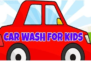 빨간색 차 그림과 CAR WASH FOR KIDS라는 문구가 있는 이미지