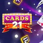 카드와 숫자 21이 화려한 배경 위에 나타나 있습니다