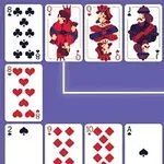 보라색 배경에 다양한 무늬의 카드가 배열되어 있는 이미지