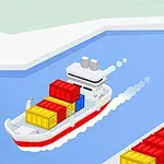 컨테이너를 실은 배가 항구에 도착하여 크레인이 노란색 상자를 옮기는 모습