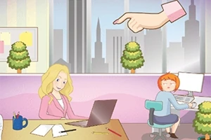 사무실에서 노트북을 사용하는 금발 여성과 컴퓨터 앞의 단발머리 아이가 창문 밖으로 보이는 도시 풍경과 함께 그려져 있습니다