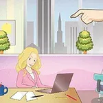 사무실에서 노트북을 사용하는 금발 여성과 컴퓨터 앞의 단발머리 아이가 창문 밖으로 보이는 도시 풍경과 함께 그려져 있습니다