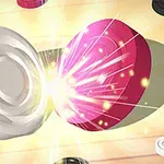 분홍색과 흰색 원반이 충돌하여 빛나는 효과를 내는 장면