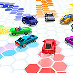 일곱 대의 다양한 색깔의 자동차들이 육각형 타일 바닥 위를 움직이는 장면