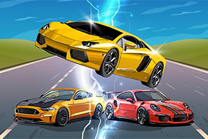 3대의 스포츠카가 번개와 함께 도로 위를 질주하는 모습