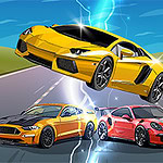 3대의 스포츠카가 번개와 함께 도로 위를 질주하는 모습