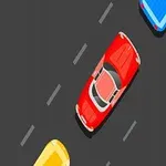 빨간 차가 도로 위에서 노란 차와 파란 차 사이를 주행하는 모습