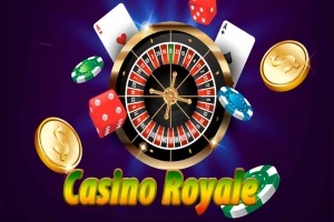 카지노 테마의 이미지로, 룰렛 휠과 카드, 주사위, 칩, 금화가 배경에 배치되어 있고 Casino Royale이라는 텍스트가 포함되어 있다