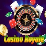 카지노 테마의 이미지로, 룰렛 휠과 카드, 주사위, 칩, 금화가 배경에 배치되어 있고 Casino Royale이라는 텍스트가 포함되어 있다