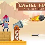 픽셀 아트 스타일의 중세 전투 장면으로, 양쪽에 무기를 든 캐릭터들이 대치하고 있으며 가운데 대포가 발사되고 있다