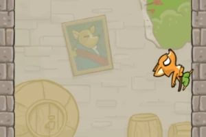 벽돌 벽 사이에 만화 스타일의 오렌지색 여우가 뛰어오르고 있으며, 배경에는 벽에 걸린 초상화와 나무 통이 보입니다