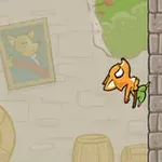 벽돌 벽 사이에 만화 스타일의 오렌지색 여우가 뛰어오르고 있으며, 배경에는 벽에 걸린 초상화와 나무 통이 보입니다