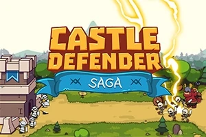 성 위에 CASTLE DEFENDER SAGA 텍스트와 번개, 왼쪽에 성과 병사들, 오른쪽에 해골 적군과 빨간 몬스터가 있는 장면