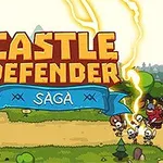 성 위에 CASTLE DEFENDER SAGA 텍스트와 번개, 왼쪽에 성과 병사들, 오른쪽에 해골 적군과 빨간 몬스터가 있는 장면