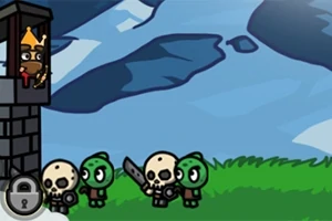 성탑에 있는 왕과 그 앞에 서 있는 해골 전사와 녹색 괴물들