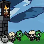 성탑에 있는 왕과 그 앞에 서 있는 해골 전사와 녹색 괴물들