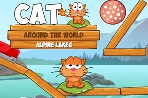 노란색 고양이가 나뭇잎 위에 앉아 있는 모습과 나무 판자, 그리고 배경에 호수가 있는 장면