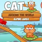 노란색 고양이가 나뭇잎 위에 앉아 있는 모습과 나무 판자, 그리고 배경에 호수가 있는 장면