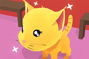 노란색 귀여운 고양이가 분홍색 바닥 위에 서 있는 모습