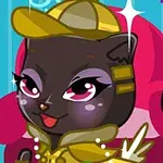 검은 고양이가 금색 모자와 옷을 입고 있는 귀여운 만화 이미지