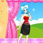 푸른 머리의 애니메이션 캐릭터가 붉은 옷을 입고 분홍색 커튼 앞에 서 있는 모습