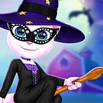 마녀 모자와 가면을 쓴 고양이가 빗자루를 들고 있고, 배경에 유령과 호박이 있는 모습