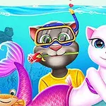 분홍색 인어와 노란 잠수복 고양이가 물속에서 함께 있는 장면