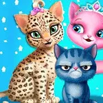 세 마리의 만화 스타일 고양이가 파란 배경 위에 있으며, 각각 다른 색과 장식으로 꾸며져 있는 모습